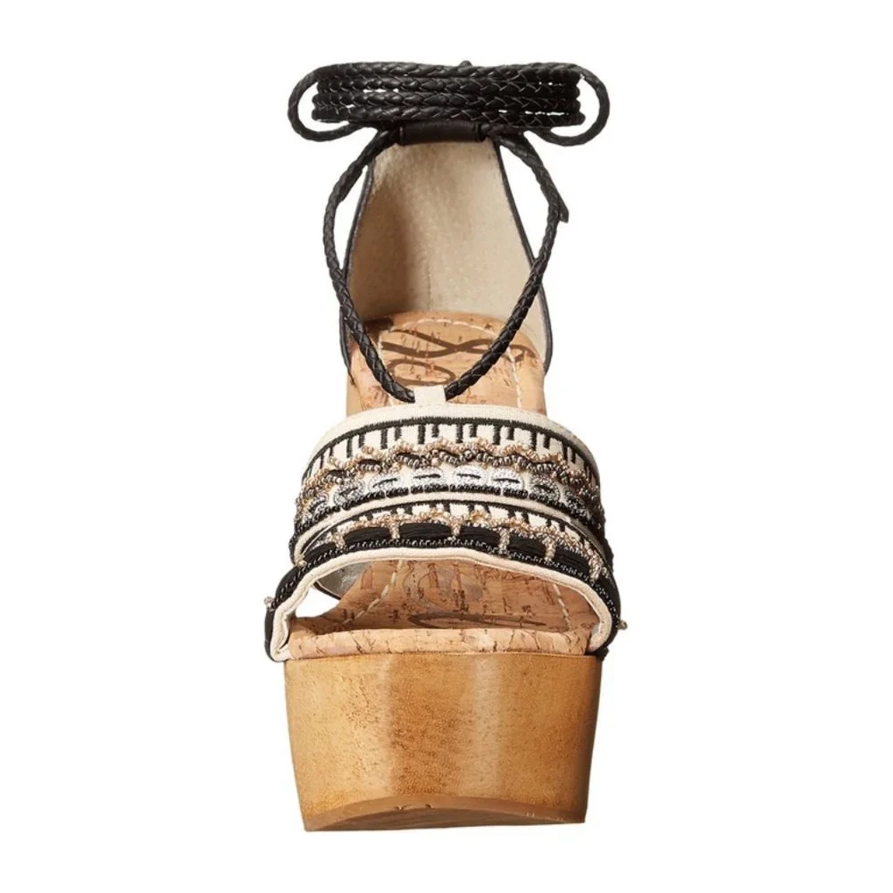 NWOB Sam Edelman Mel Embroidered Wooden Platform Sandal Black White